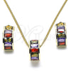 Oro Laminado Earring and Pendant Adult Set, Gold Filled Style Baguette Design, with Multicolor Cubic Zirconia, Polished, Golden Finish, 10.284.0007.1