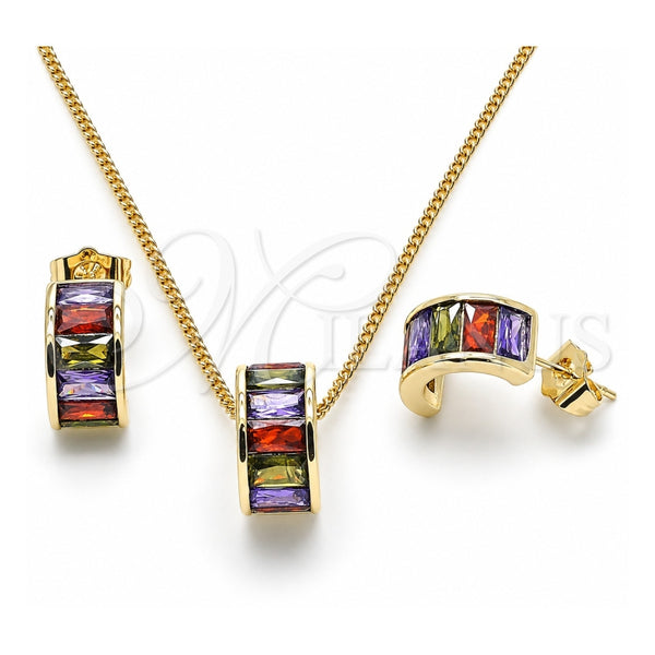 Oro Laminado Earring and Pendant Adult Set, Gold Filled Style Baguette Design, with Multicolor Cubic Zirconia, Polished, Golden Finish, 10.284.0007.1