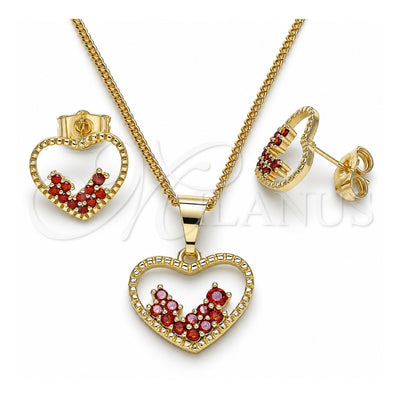 Oro Laminado Earring and Pendant Adult Set, Gold Filled Style Heart Design, with Garnet Micro Pave, Polished, Golden Finish, 10.284.0010.1