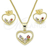 Oro Laminado Earring and Pendant Adult Set, Gold Filled Style Heart Design, with Multicolor Micro Pave, Polished, Golden Finish, 10.284.0010.2