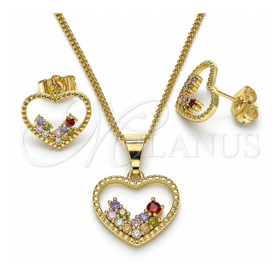 Oro Laminado Earring and Pendant Adult Set, Gold Filled Style Heart Design, with Multicolor Micro Pave, Polished, Golden Finish, 10.284.0010.2
