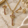 Oro Laminado Earring and Pendant Adult Set, Gold Filled Style key Design, with Garnet Micro Pave, Polished, Golden Finish, 10.284.0011.1