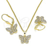 Oro Laminado Earring and Pendant Adult Set, Gold Filled Style Butterfly Design, with White Micro Pave, Polished, Golden Finish, 10.284.0012