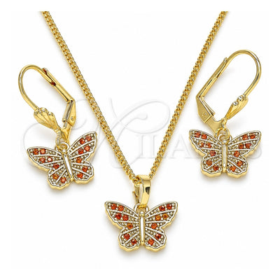 Oro Laminado Earring and Pendant Adult Set, Gold Filled Style Butterfly Design, with Garnet Micro Pave, Polished, Golden Finish, 10.284.0012.1