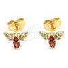 Oro Laminado Stud Earring, Gold Filled Style Bee Design, with Garnet Cubic Zirconia and White Micro Pave, Polished, Golden Finish, 02.210.0369.1