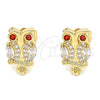 Oro Laminado Stud Earring, Gold Filled Style Owl Design, with White Cubic Zirconia and White Micro Pave, Polished, Golden Finish, 02.210.0370