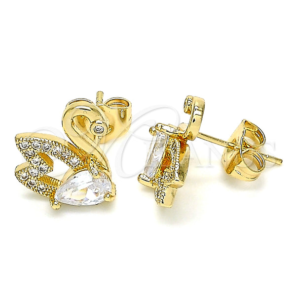 Oro Laminado Stud Earring, Gold Filled Style Swan Design, with White Cubic Zirconia and White Micro Pave, Polished, Golden Finish, 02.210.0372
