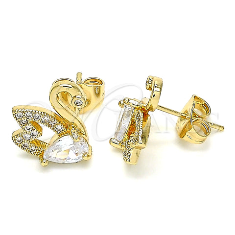 Oro Laminado Stud Earring, Gold Filled Style Swan Design, with White Cubic Zirconia and White Micro Pave, Polished, Golden Finish, 02.210.0372