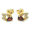 Oro Laminado Stud Earring, Gold Filled Style Swan Design, with Garnet Cubic Zirconia and White Micro Pave, Polished, Golden Finish, 02.210.0372.1