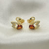 Oro Laminado Stud Earring, Gold Filled Style Swan Design, with Garnet Cubic Zirconia and White Micro Pave, Polished, Golden Finish, 02.210.0372.1