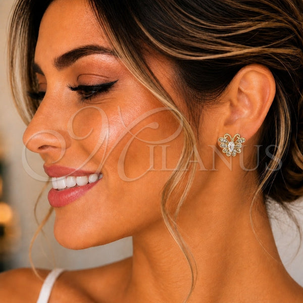 Oro Laminado Stud Earring, Gold Filled Style Butterfly Design, with White Cubic Zirconia and White Micro Pave, Polished, Golden Finish, 02.210.0374