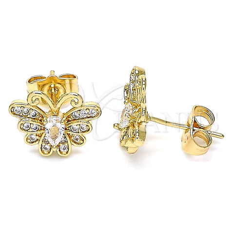 Oro Laminado Stud Earring, Gold Filled Style Butterfly Design, with White Cubic Zirconia and White Micro Pave, Polished, Golden Finish, 02.210.0374