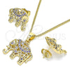 Oro Laminado Earring and Pendant Adult Set, Gold Filled Style Elephant Design, with Amethyst Micro Pave, Polished, Golden Finish, 10.316.0020.4