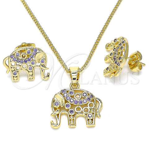 Oro Laminado Earring and Pendant Adult Set, Gold Filled Style Elephant Design, with Amethyst Micro Pave, Polished, Golden Finish, 10.316.0020.4