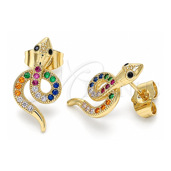 Oro Laminado Stud Earring, Gold Filled Style Snake Design, with Multicolor Micro Pave, Polished, Golden Finish, 02.210.0375.1