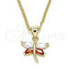 Oro Laminado Pendant Necklace, Gold Filled Style Dragon-Fly Design, with Garnet and White Cubic Zirconia, Polished, Golden Finish, 04.213.0208.24 (01 MM Thickness, 20 Inches Length)