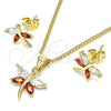 Oro Laminado Earring and Pendant Adult Set, Gold Filled Style Dragon-Fly Design, with Garnet and White Cubic Zirconia, Polished, Golden Finish, 10.213.0014