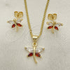 Oro Laminado Earring and Pendant Adult Set, Gold Filled Style Dragon-Fly Design, with Garnet and White Cubic Zirconia, Polished, Golden Finish, 10.213.0014
