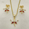 Oro Laminado Earring and Pendant Adult Set, Gold Filled Style Dragon-Fly Design, with Garnet and White Cubic Zirconia, Polished, Golden Finish, 10.213.0014