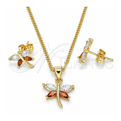 Oro Laminado Earring and Pendant Adult Set, Gold Filled Style Dragon-Fly Design, with Garnet and White Cubic Zirconia, Polished, Golden Finish, 10.213.0014