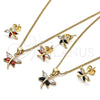 Oro Laminado Earring and Pendant Adult Set, Gold Filled Style Dragon-Fly Design, with Garnet and White Cubic Zirconia, Polished, Golden Finish, 10.213.0014
