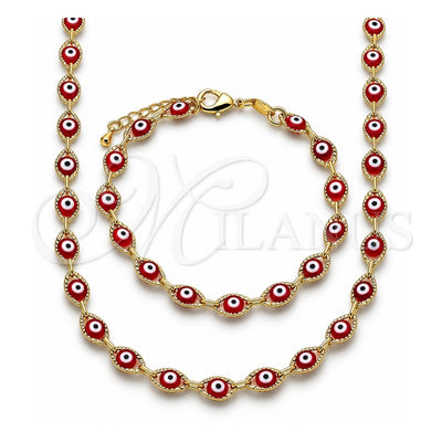 Oro Laminado Necklace and Bracelet, Gold Filled Style Evil Eye Design, Red Resin Finish, Golden Finish, 06.63.0199.2