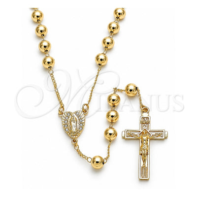 Oro Laminado Medium Rosary, Gold Filled Style Guadalupe and Crucifix Design, with White Micro Pave, Polished, Golden Finish, 09.253.0041.26