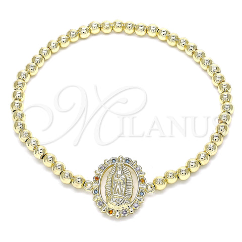 Oro Laminado Fancy Bracelet, Gold Filled Style Expandable Bead and Guadalupe Design, with Multicolor Micro Pave, Polished, Golden Finish, 03.299.0038.07 (04 MM Thickness, 7 Inches Length)