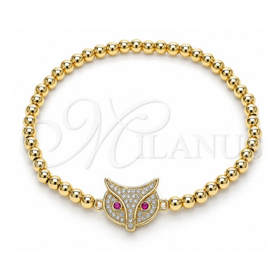 Oro Laminado Fancy Bracelet, Gold Filled Style Expandable Bead and Owl Design, with White and Ruby Micro Pave, Polished, Golden Finish, 03.299.0044.07 (04 MM Thickness, 7 Inches Length)