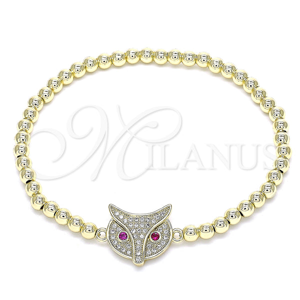 Oro Laminado Fancy Bracelet, Gold Filled Style Expandable Bead and Owl Design, with White and Ruby Micro Pave, Polished, Golden Finish, 03.299.0044.07 (04 MM Thickness, 7 Inches Length)