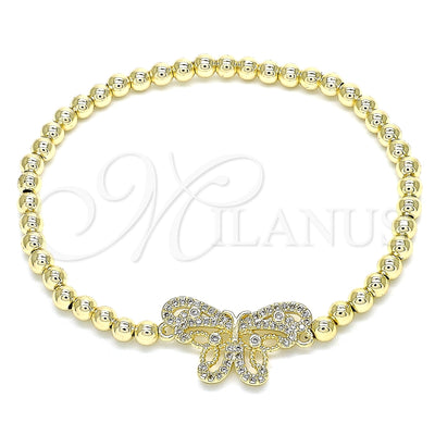 Oro Laminado Fancy Bracelet, Gold Filled Style Expandable Bead and Butterfly Design, with White Micro Pave for wholesale, main product view
