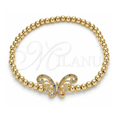 Oro Laminado Fancy Bracelet, Gold Filled Style Expandable Bead and Butterfly Design, with Multicolor Micro Pave, Polished, Golden Finish, 03.299.0046.07 (04 MM Thickness, 7 Inches Length)
