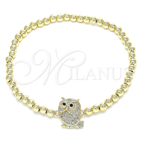 Oro Laminado Fancy Bracelet, Gold Filled Style Expandable Bead and Owl Design, with White and Black Micro Pave, Polished, Golden Finish, 03.299.0047.07 (04 MM Thickness, 7 Inches Length)