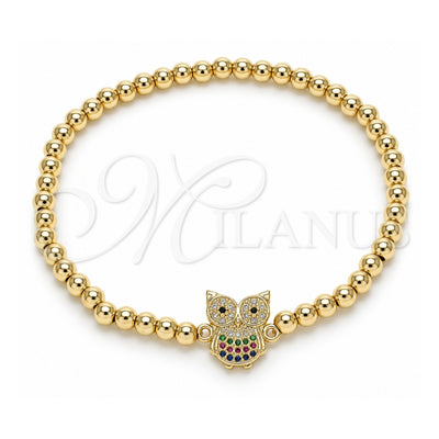 Oro Laminado Fancy Bracelet, Gold Filled Style Expandable Bead and Owl Design, with Multicolor Micro Pave, Polished, Golden Finish, 03.299.0048.07 (04 MM Thickness, 7 Inches Length)