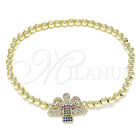 Oro Laminado Fancy Bracelet, Gold Filled Style Expandable Bead and Angel Design, with Multicolor Micro Pave, Polished, Golden Finish, 03.299.0052.07 (04 MM Thickness, 7 Inches Length)
