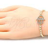 Oro Laminado Fancy Bracelet, Gold Filled Style Expandable Bead and Hand of God Design, with Multicolor Micro Pave, Polished, Golden Finish, 03.299.0053.07 (04 MM Thickness, 7 Inches Length)