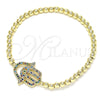 Oro Laminado Fancy Bracelet, Gold Filled Style Expandable Bead and Hand of God Design, with Multicolor Micro Pave, Polished, Golden Finish, 03.299.0053.07 (04 MM Thickness, 7 Inches Length)
