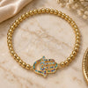 Oro Laminado Fancy Bracelet, Gold Filled Style Expandable Bead and Hand of God Design, with Multicolor Micro Pave, Polished, Golden Finish, 03.299.0053.07 (04 MM Thickness, 7 Inches Length)