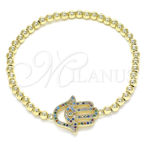 Oro Laminado Fancy Bracelet, Gold Filled Style Expandable Bead and Hand of God Design, with Multicolor Micro Pave, Polished, Golden Finish, 03.299.0053.07 (04 MM Thickness, 7 Inches Length)