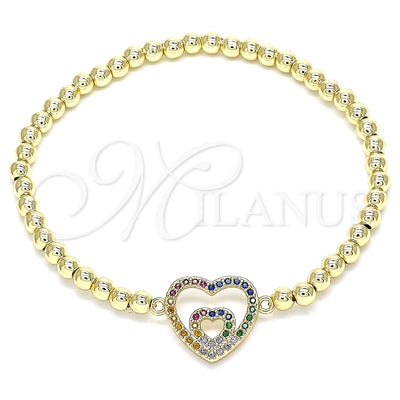 Oro Laminado Fancy Bracelet, Gold Filled Style Expandable Bead and Heart Design, with Multicolor Micro Pave, Polished, Golden Finish, 03.299.0057.07 (04 MM Thickness, 7 Inches Length)