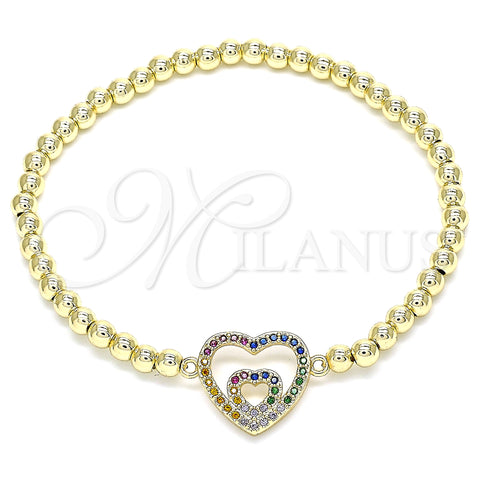 Oro Laminado Fancy Bracelet, Gold Filled Style Expandable Bead and Heart Design, with Multicolor Micro Pave, Polished, Golden Finish, 03.299.0057.07 (04 MM Thickness, 7 Inches Length)