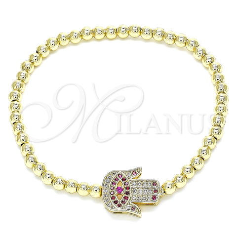 Oro Laminado Fancy Bracelet, Gold Filled Style Expandable Bead and Hand of God Design, with Ruby and White Micro Pave, Polished, Golden Finish, 03.299.0058.07 (04 MM Thickness, 7 Inches Length)