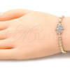 Oro Laminado Fancy Bracelet, Gold Filled Style Expandable Bead and Hand of God Design, with Multicolor Micro Pave, Polished, Golden Finish, 03.299.0060.07 (04 MM Thickness, 7 Inches Length)