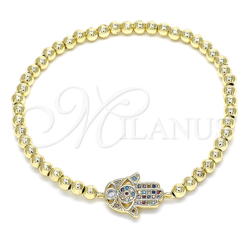 Oro Laminado Fancy Bracelet, Gold Filled Style Expandable Bead and Hand of God Design, with Multicolor Micro Pave, Polished, Golden Finish, 03.299.0060.07 (04 MM Thickness, 7 Inches Length)
