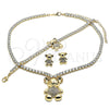 Oro Laminado Necklace, Bracelet and Earring, Gold Filled Style Teddy Bear Design, with White Cubic Zirconia and White Crystal, Polished, Golden Finish, 06.372.0015