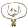 Oro Laminado Necklace, Bracelet and Earring, Gold Filled Style Teddy Bear Design, with White Cubic Zirconia and White Crystal, Polished, Golden Finish, 06.372.0015