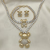 Oro Laminado Necklace, Bracelet and Earring, Gold Filled Style Teddy Bear Design, with White Cubic Zirconia and White Crystal, Polished, Golden Finish, 06.372.0015