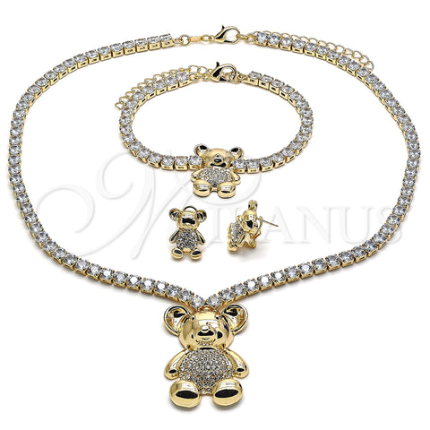 Oro Laminado Necklace, Bracelet and Earring, Gold Filled Style Teddy Bear Design, with White Cubic Zirconia and White Crystal, Polished, Golden Finish, 06.372.0015