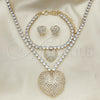 Oro Laminado Necklace, Bracelet and Earring, Gold Filled Style Heart Design, with White Cubic Zirconia and White Crystal, Polished, Golden Finish, 06.372.0016
