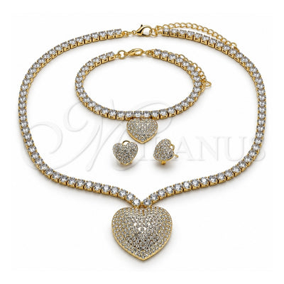 Oro Laminado Necklace, Bracelet and Earring, Gold Filled Style Heart Design, with White Cubic Zirconia and White Crystal, Polished, Golden Finish, 06.372.0016